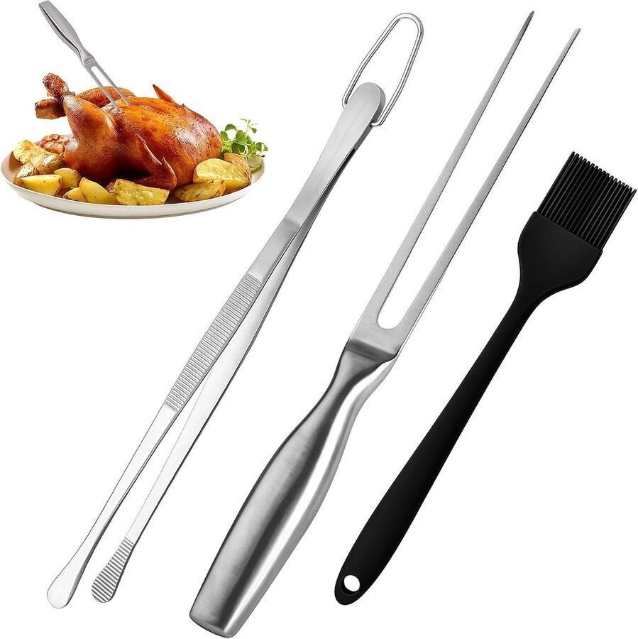 Vleesvork RVS Set met Grilltang & Siliconen Kwast Veelzijdig 3-in-1 Keukengereedschap voor Grillen Braden & Serveren