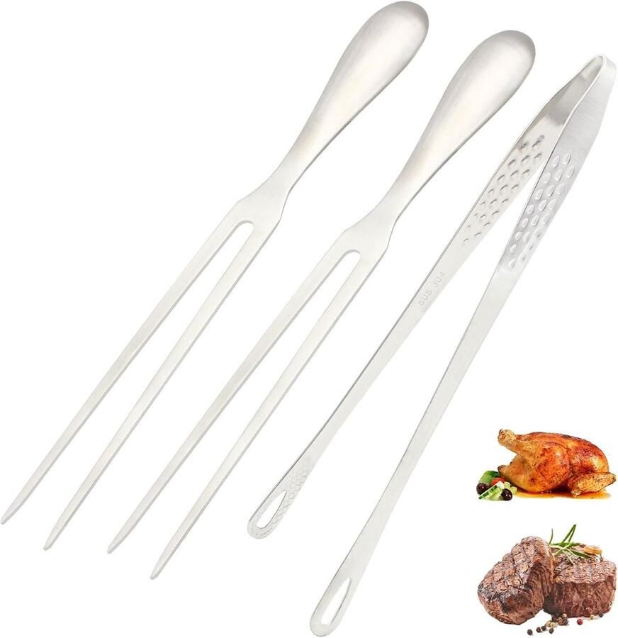 Vleesvork van Roestvrij Staal 2 stuks Vleesvork Roestvrij Staal 1 stuk Kookpincet voor Barbecue Keuken Kalkoen Braden Diner (26 5 cm)
