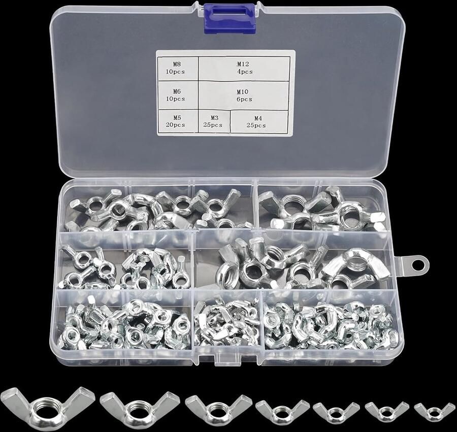 Vleugelmoeren assortiment kit vleugelmoeren roestvrij staal moerset M3 M4 M5 M6 M8 M10 M12 vleugelschroeven hardgereedschap vlindervleugelschroeven vleugelmoerset (100 zilver)
