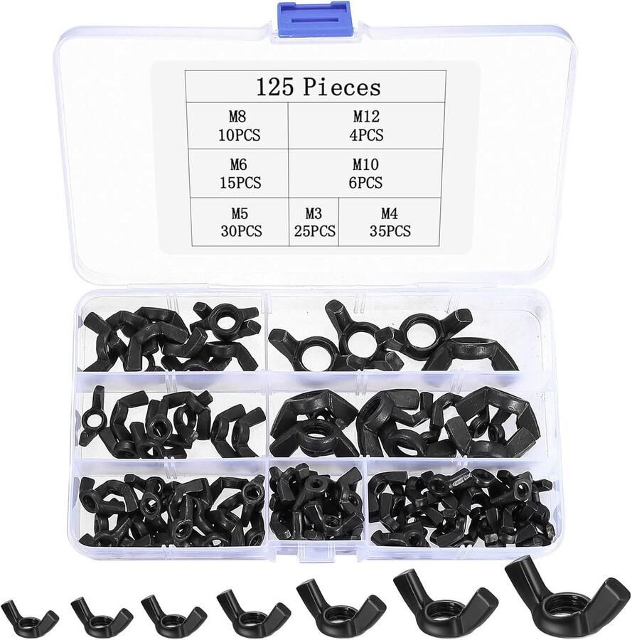 Vleugelmoeren assortiment kit vlindermoeren M2 M4 M5 M6 M8 M10 M12 vleugelmoeren zwart metrische vleugelschroeven vleugelmoeren voor meubels uitrusting doe-het-zelf