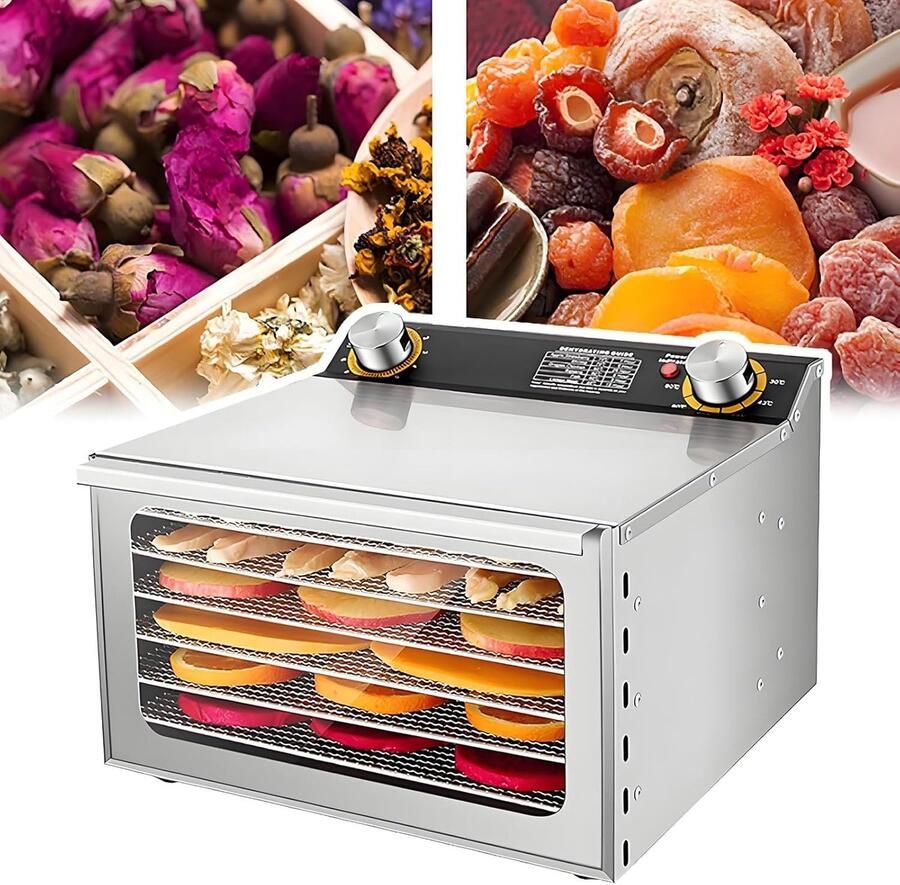 Voedsel Droger Drogermachine Groenten Voedsel Conserveren 360 Graden Luchtcirculatie 6 Lagen 400W Zilver