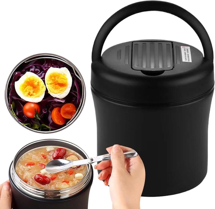 Voedselcontainer Thermisch Geïsoleerde Lunchbox Warme Maaltijden Meenemen Lekvrij Roestvrij Staal 12 Liter Zwart