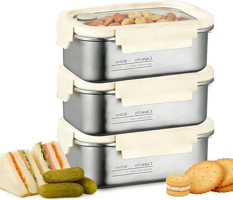 Voedselcontainers RVS Opslagdozen Set Maaltijden Bewaren Vacuüm Systeem 3 x 800 ml Zilver Transparant