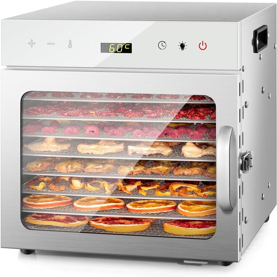 Voedseldroger 400W met 8 RVS Droogladen – 30-90°C – 24 Uur Timer – Voor Fruit Groente en Vlees