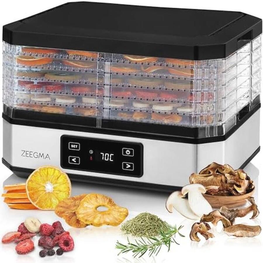 Voedseldroger 500W met 6 Verwijderbare Trays Instelbare Temperatuur en Timer tot 72 uur