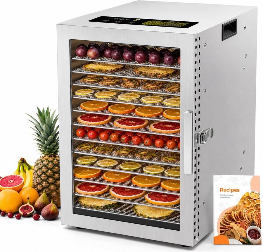 Voedseldroger 800W met 12 RVS Droogladen – 20-90°C – 24 Uur Timer – Dubbele Ventilator 360°