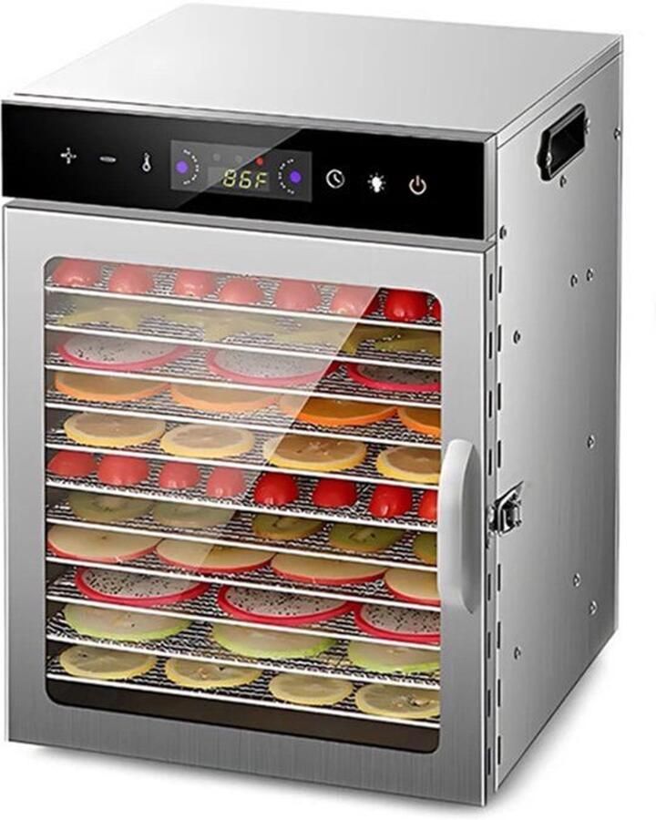 Voedseldroger Digitale Temperatuurregeling 12 Lagen 20x28 cm 800 W Vermogen RVS En Glas Voor Fruit Groente Vlees Droogproces