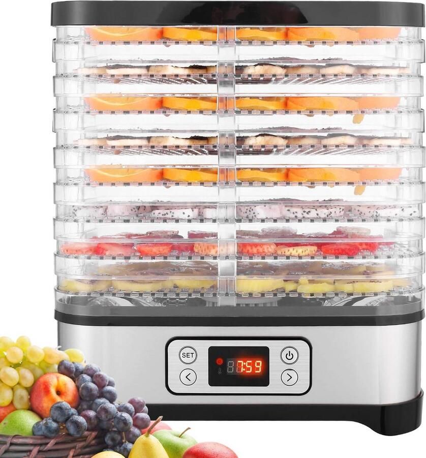 Voedseldroger Drogermachine Gezonde Snacks Maken 8 Verstelbare Paletten 400 Watt Zilver