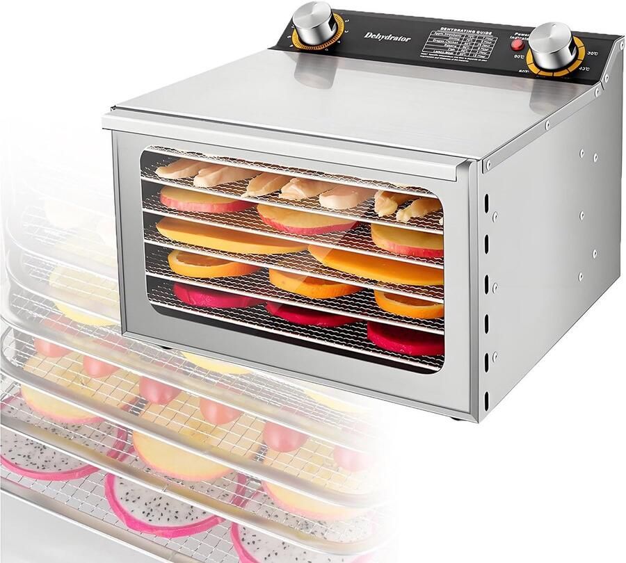 Voedseldroger Drogermachine Voedsel Conserveren Instelbare Temperatuur Timer 6 Lagen Zilver