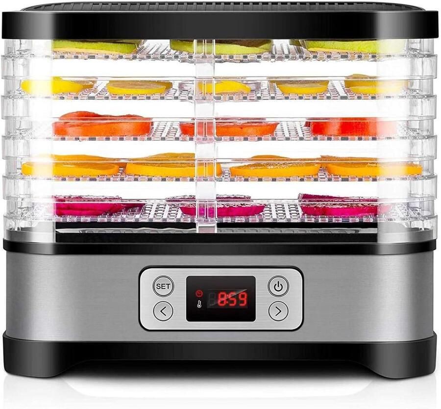 Voedseldroger Fruitdroger Gezond Eten Maken 360 Graden Hetelucht 5 Trays Zwart