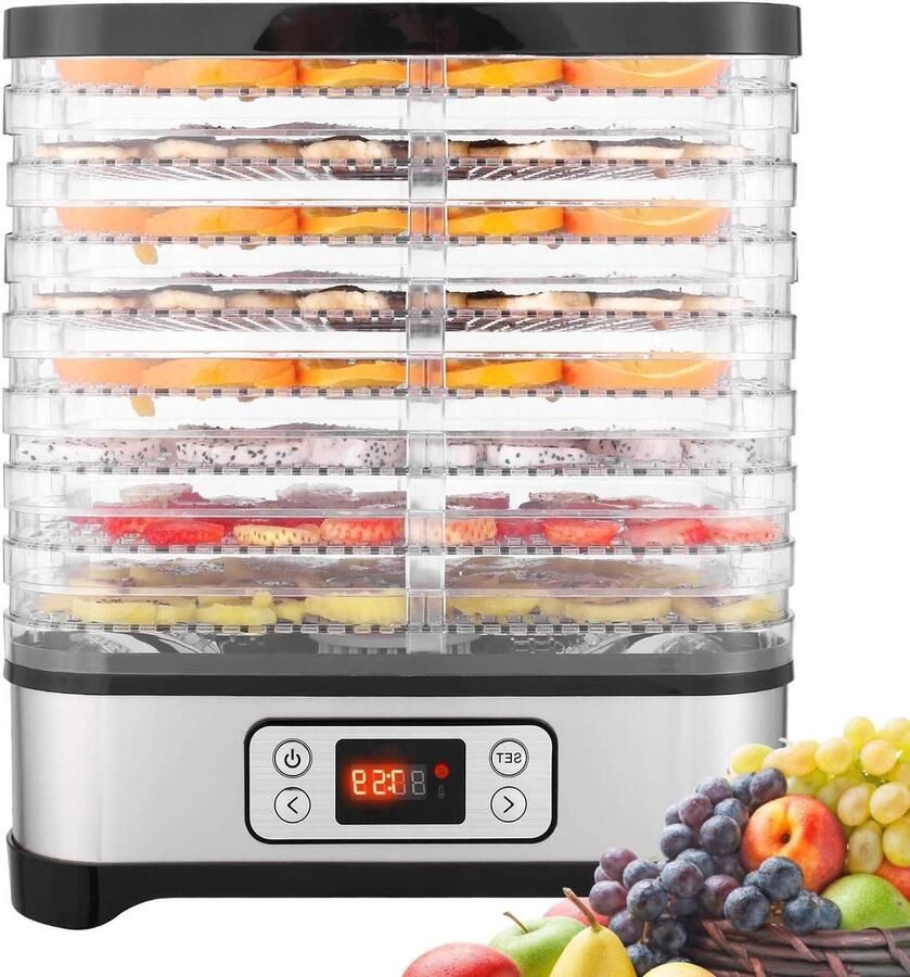 Voedseldroger Fruitdroger Gezond Snack Maken 8 Verstelbare Paletten 400 Watt Zilver