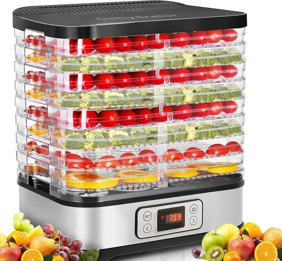 Voedseldroger Fruitdroger Gezonde Snacks Maken 8 Verstelbare Laden 400 Watt Zwart Zilver