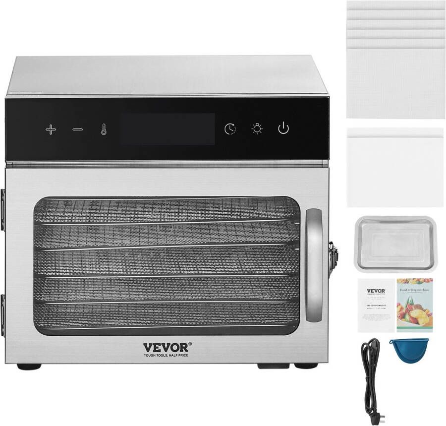 Voedseldroger Machine-6 Roestvrijstalen Schalen 400W Elektrische Voedseldroger met Instelbare Temperatuur en 24-uurs Timer