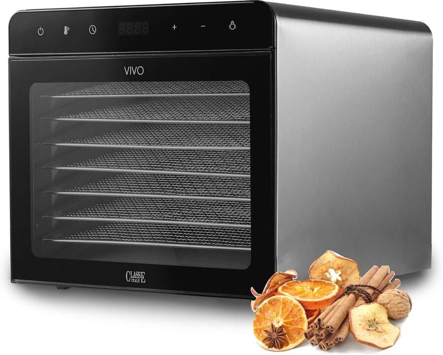 Voedseldroger met laag energieverbruik en 8 roestvrijstalen schalen instelbare temperatuur 30-75 °C 24-uurs timer en BPA-vrij