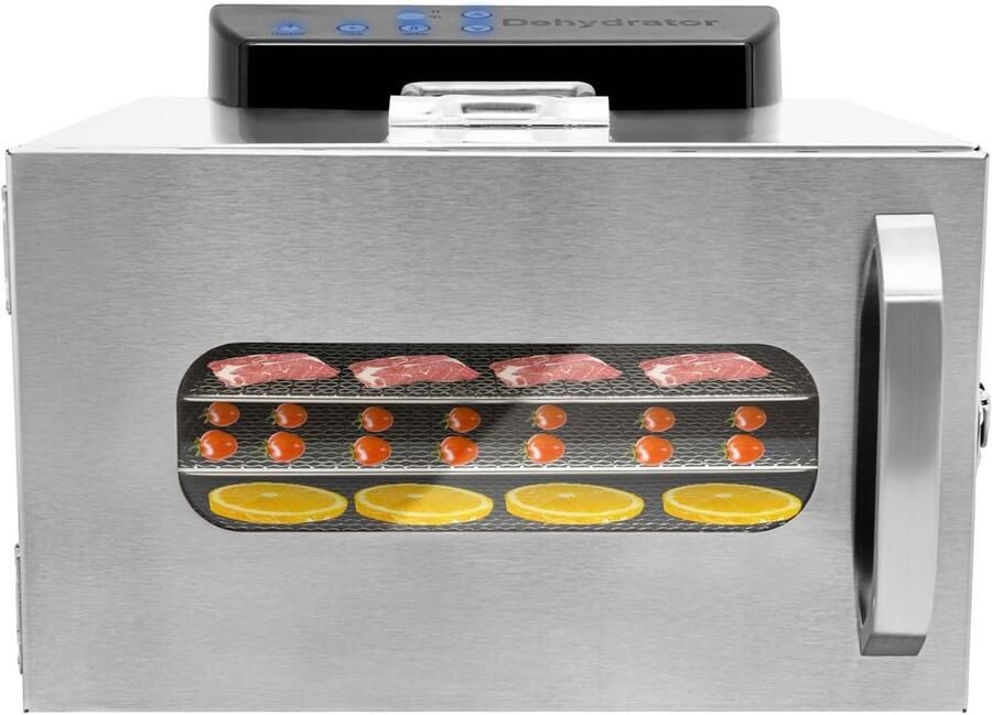 Voedseldroger Ontwateringsapparaat Thuis Drogen 6 Lagen Roestvrij Staal 400 Watt Display Zilverkleurig