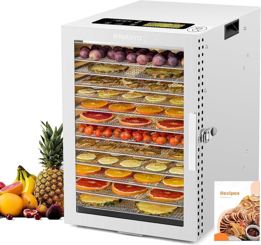 Voedseldroger Roestvrij Staal Drogermachine Fruit Gezond Eten Maken Dubbele Ventilator 360 Graden 12 Vakken Zilver