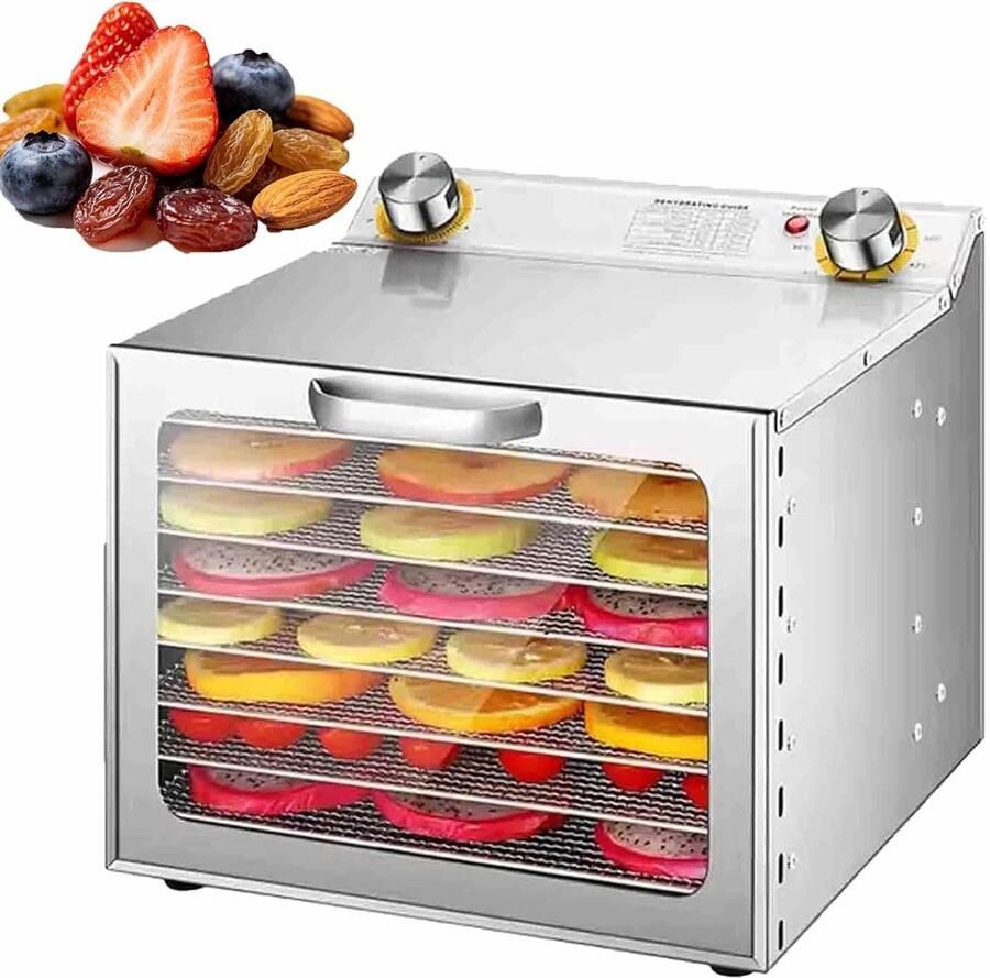 Voedseldroger RVS Fruitdroger Voedsel Conserveren 8 Lagen Capaciteit 40-90℃ Instelbaar Zilver