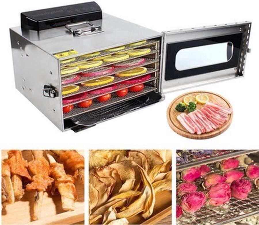 Voedseldroger RVS – Voedselontwateraar – Fruitdroger – Groentedroger – Drogenmachine – 6 Compartimenten – 400 Watt Motor – Temperatuurregelaar 30-90 °C – LCD Display – Timer 30 Min-24 Uur
