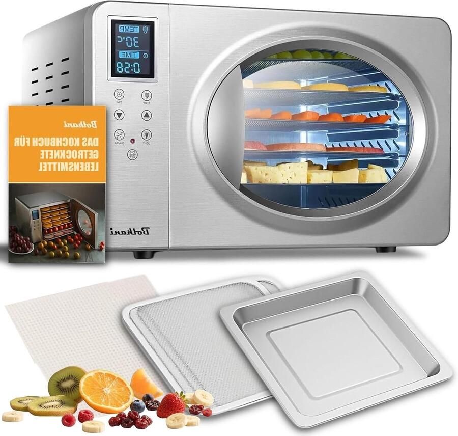 Voedseldroger van roestvrij staal 6 tablets 500 W led-display 30-90 °C 24-uurs timer stille werking inclusief lekbak en droogmat voor fruit en vlees
