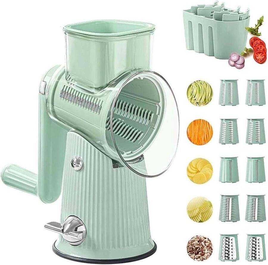 Voedselhakker Groente rasp Keukenmachine Handmatig Ingrediënten Snijden 5-in-1 Roterend Systeem 23.5 cm Groen