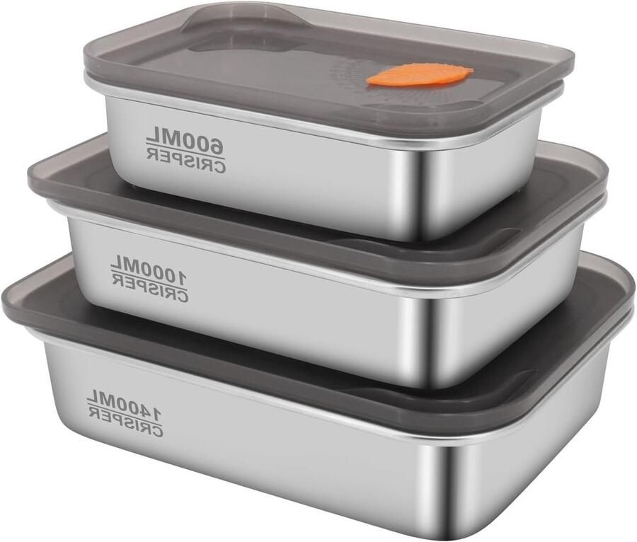 Voedselopslagcontainers van RVS met deksels lekvrije snackcontainers voor restaurant keuken en buffet (600ml + 1100ml + 1400ml)