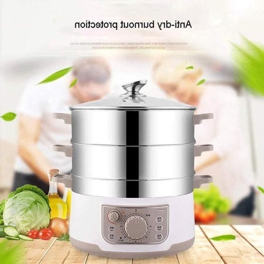 Voedselstoomboot Multi-Cooker Stoompan Elektrisch Gezond Koken Energiezuinig 3-laags 13L Capaciteit Zilverkleurig