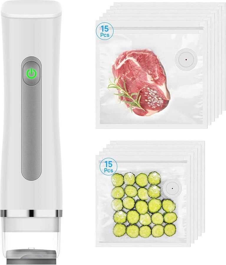 Voedselvacuümverpakkingsmachine inclusief 30 herbruikbare vacuümzakken USB-C-interface draagbare keukenvacuümmachine ideaal voor het bewaren van voedsel compact maar krachtig