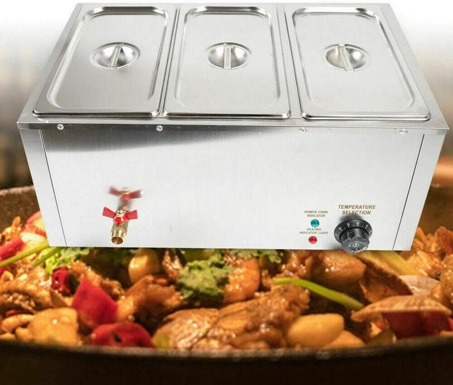 Voedselverwarmer Bain Marie Warmhoudbak Buffet Catering Warm Houden Nauwkeurige Temperatuurregeling 3x 7 Liter Zilverkleurig