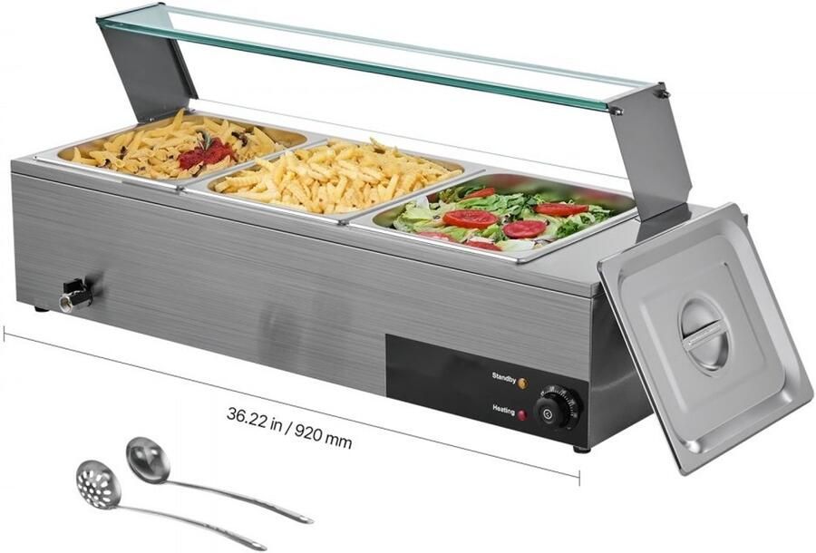 Voedselverwarmer Bain-Marie Chafing Dish 3x GN 1 2 Bakken 1 5 kW Elektrisch RVS Glazen Deksel Met Soeplepel
