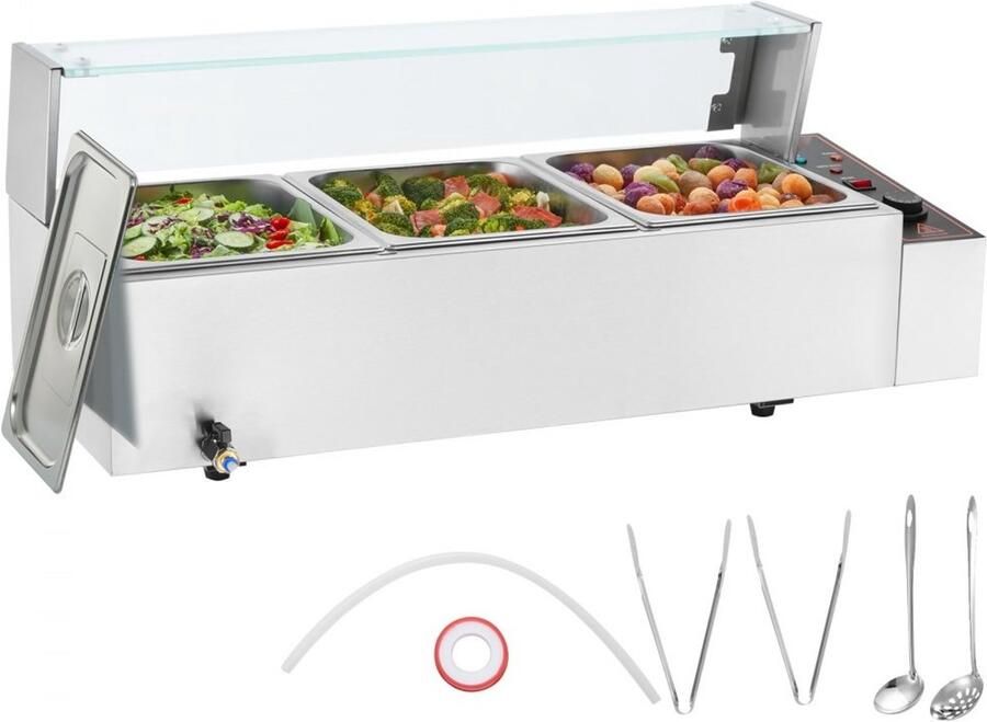 Voedselverwarmer Buffet Bain Marie Stoomtafel Elektrisch Met 3 Bakken Krachtig 1500W RVS Glazen Deksel Instelbaar 30–85°C