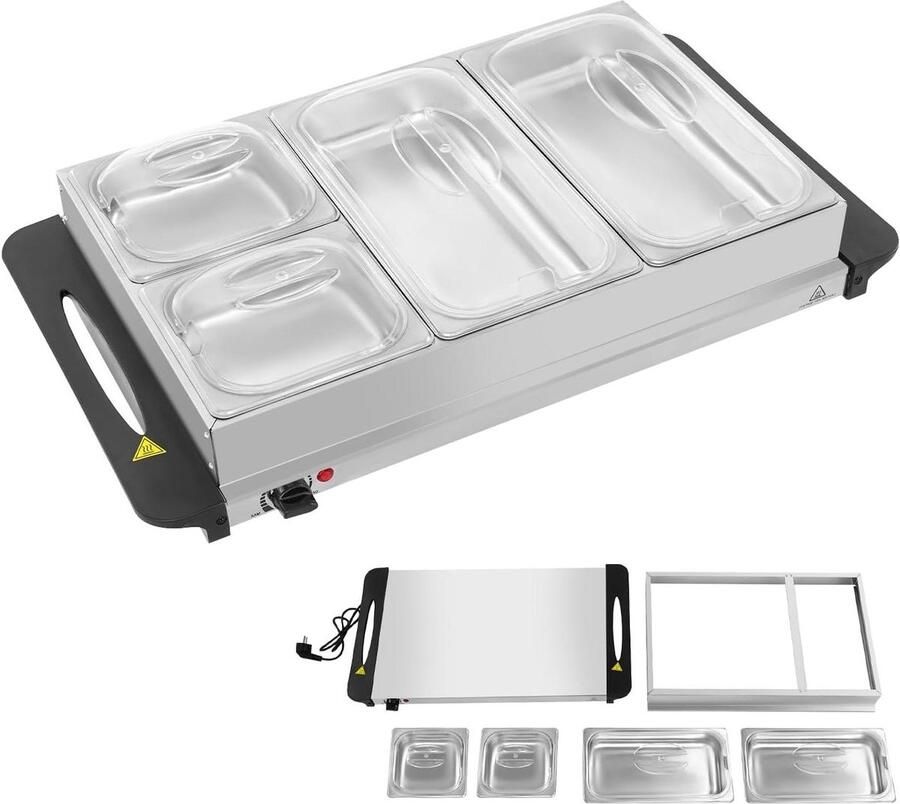 Voedselverwarmer Buffet Warmhoudplaat Dienbladen Evenementen Catering Efficiënte Temperatuurregeling 4 Schalen 2.5L Zilver