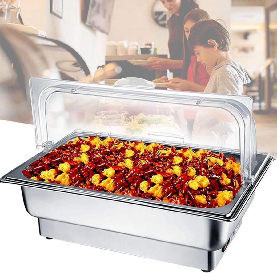Voedselverwarmer Buffetserver Warmhoudbak Buffetten Serveren Instelbare Temperatuur 9L Capaciteit Zilverkleurig