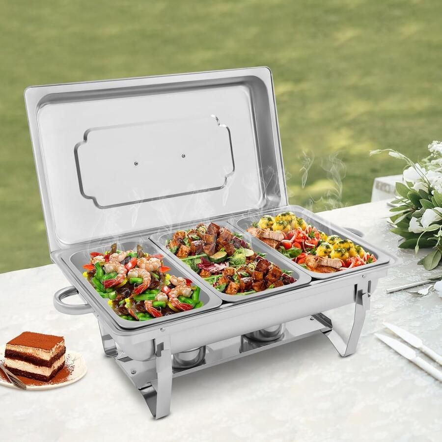 Voedselverwarmer Chafing Dish Warmhoudcontainer Buffet Buffetten Feesten Opvouwbaar Frame 3 x 3 Liter Zilverkleurig