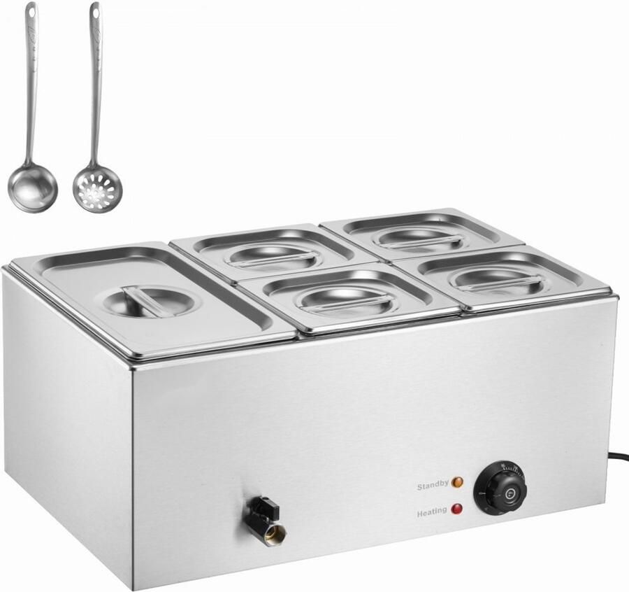 Voedselverwarmer Elektrisch buffet waterbad (bain-marie) Commercieel 5 GN-bakken (1 3 en 1 6) 1200 W Temperatuurregeling 30–80°C Voor buffetten en feesten