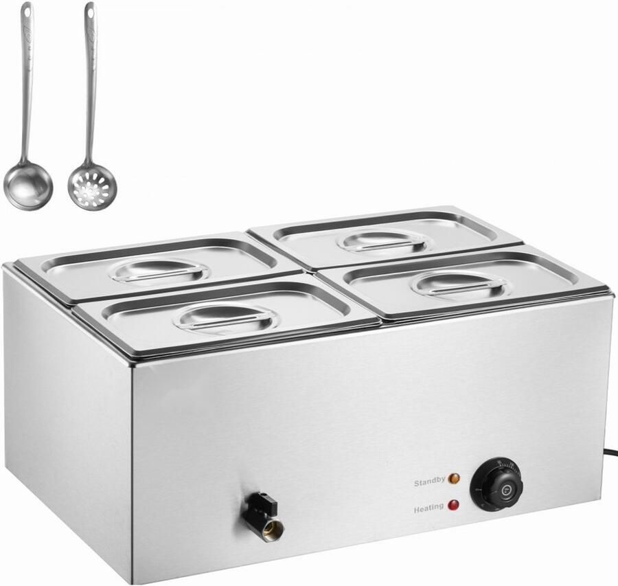 Voedselverwarmer Elektrische Stoomtafel Vier GN 1 4 Bakken Vermogen 1200 W Thermostaat 30–80°C RVS Bain-marie