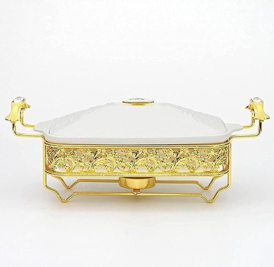 Voedselverwarmer voor feestbuffetten voedselwarmhoudplaat Chafing Dish Buffetset gouden waterpatroon roestvrijstalen Chafer Rechthoekige Chafer Dish Set met keramiek Chafing Food Pan (2 5L)