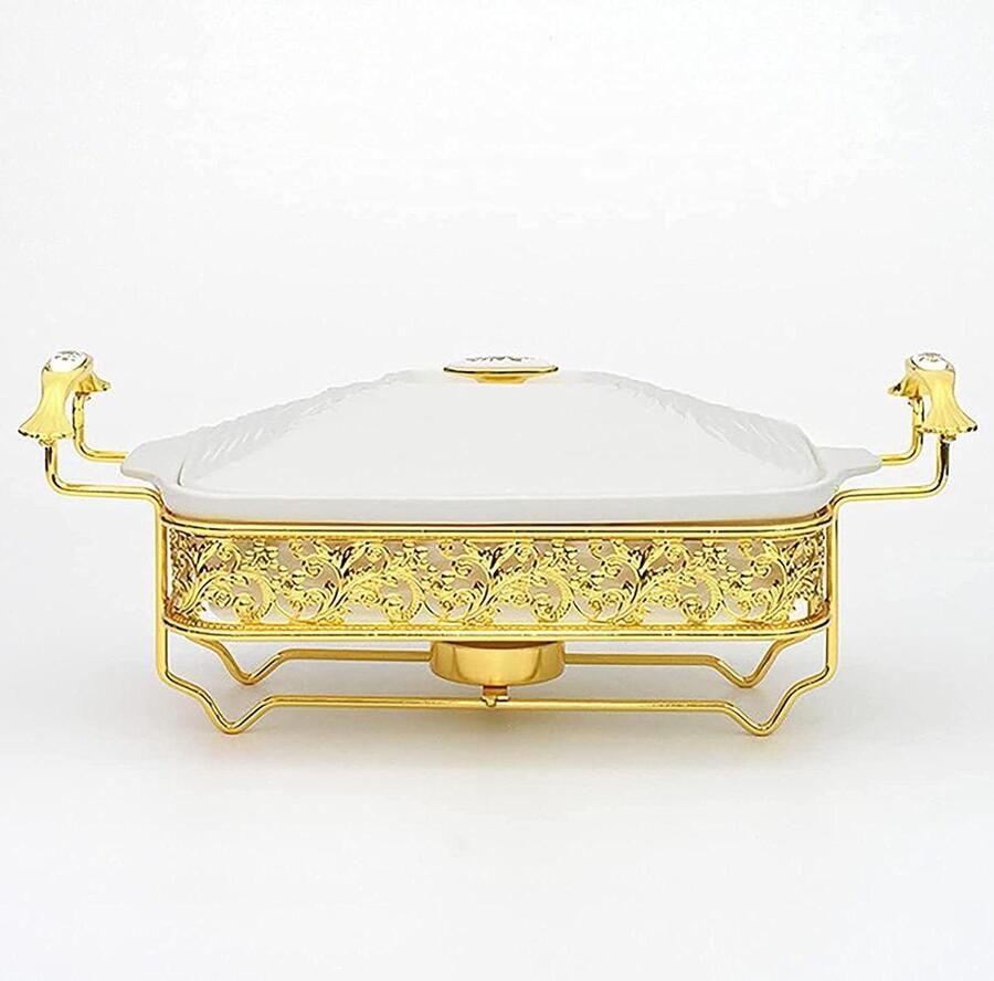 Voedselverwarmer voor feestbuffetten voedselwarmhoudplaat Chafing Dish Buffetset gouden waterpatroon roestvrijstalen Chafer Rechthoekige Chafer Dish Set met keramiek Chafing Food Pan (2 5L)