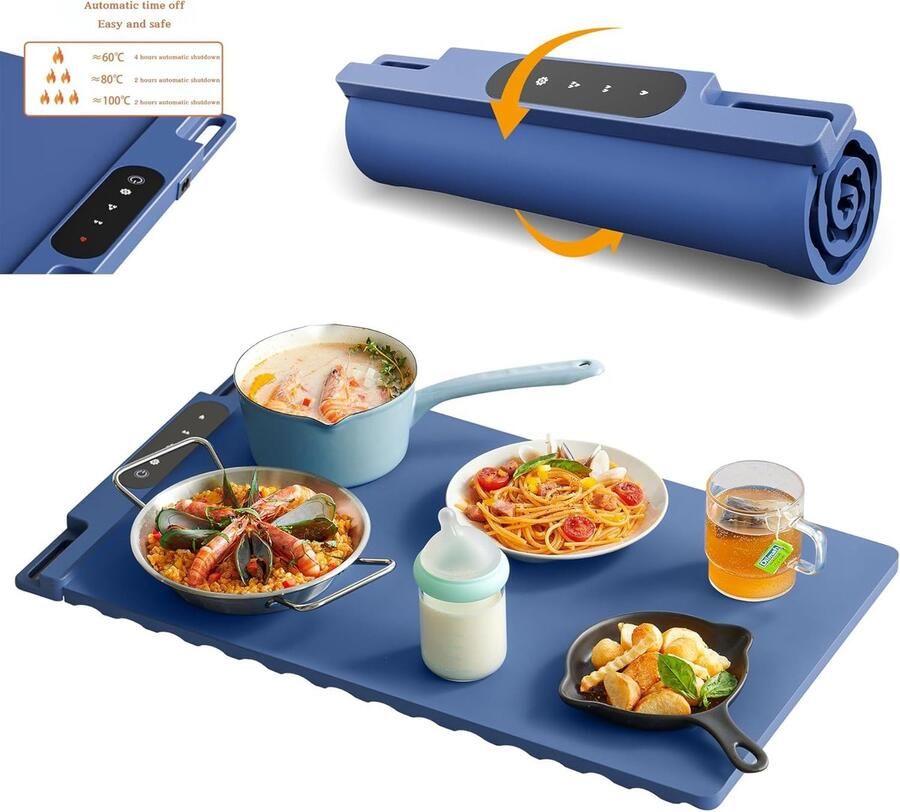 Voedselverwarmer-Warmhoudplaat-Siliconen voedselverwarmingsmat Elektrische verwarmingsmat Slimme voedselverwarmingsmat Flexibele siliconen plaat Blauw 65x38 cm