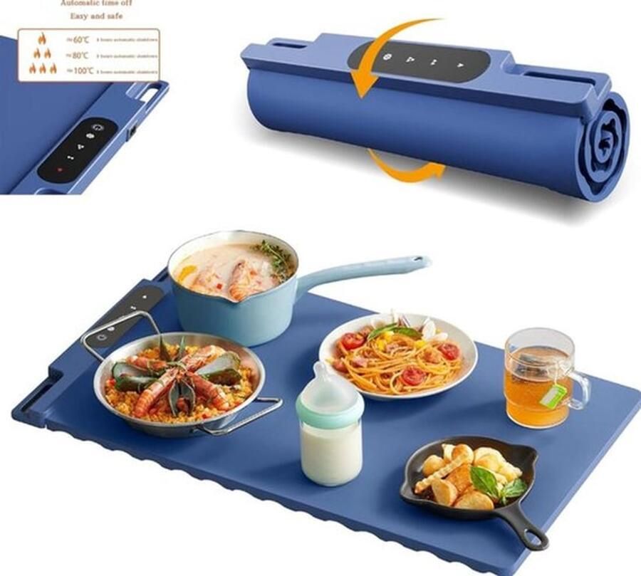 Voedselverwarmer-Warmhoudplaat-Siliconen voedselverwarmingsmat Elektrische verwarmingsmat Slimme voedselverwarmingsmat Flexibele siliconen plaat Blauw 65x38 cm
