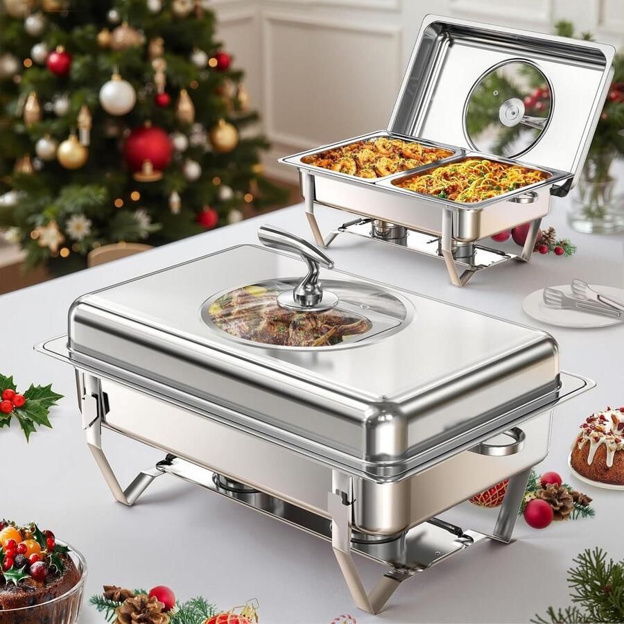 Voedselverwarmers Set Buffet Warmers Feesten Serveren Zichtbaar Glazen Deksel 9QT 2 Stuks Zilver