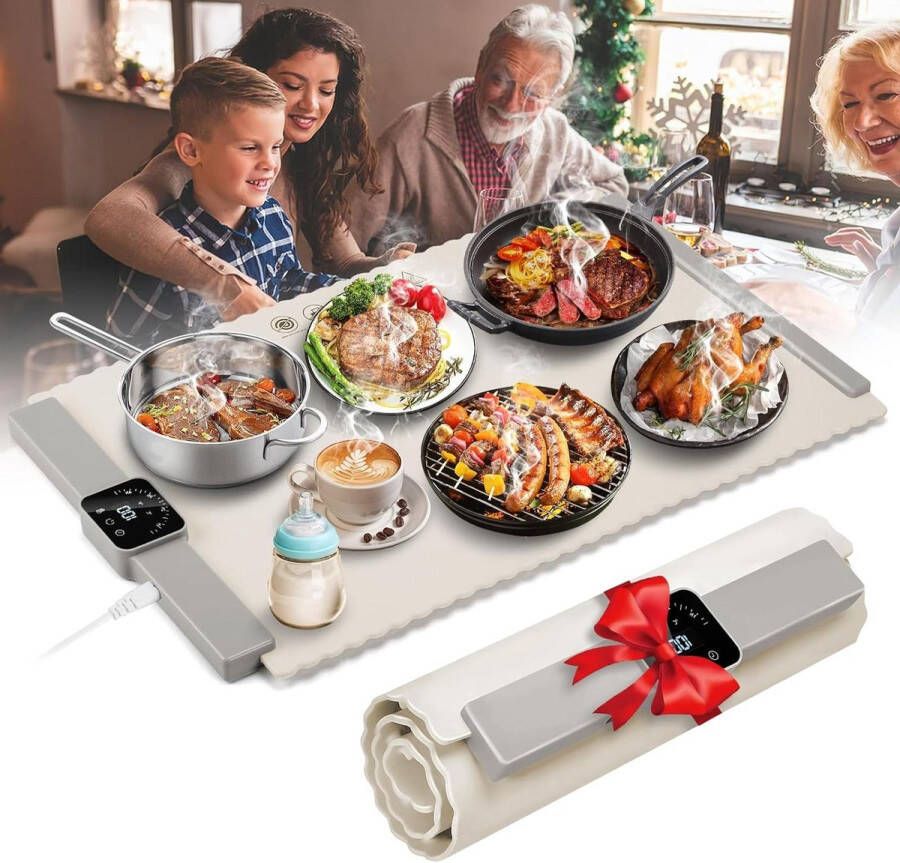 Voedselverwarmingsmat met 4 timers- 5 temperatuurinstellingen- oprolbare elektrische voedselverwarmer- warmtebak voor buffetten- feesten- ontdooien- wit