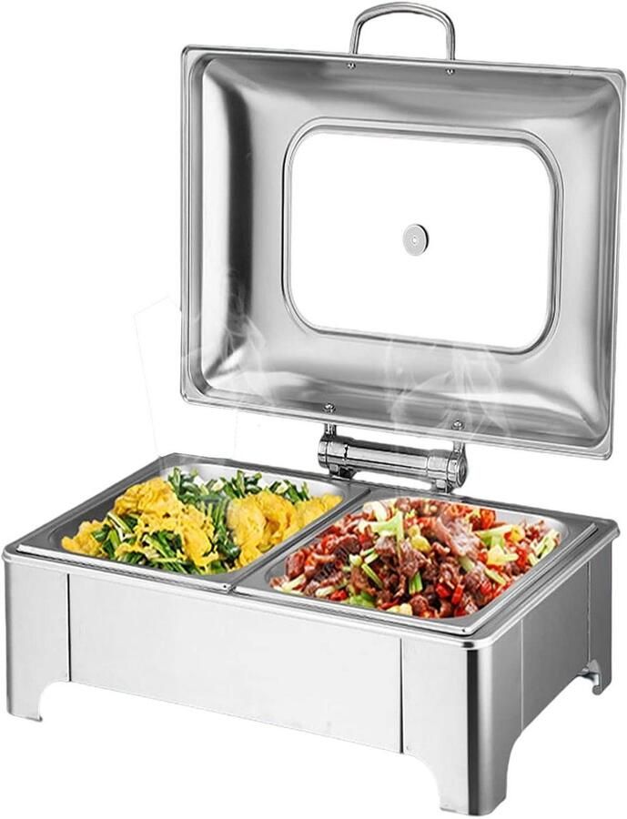 Voedselwarmer Buffet Server Warmhoudschaal Serveerschaal Eten Warm Houden Hydraulische Buffertas Deksel 6 Liter Zilver