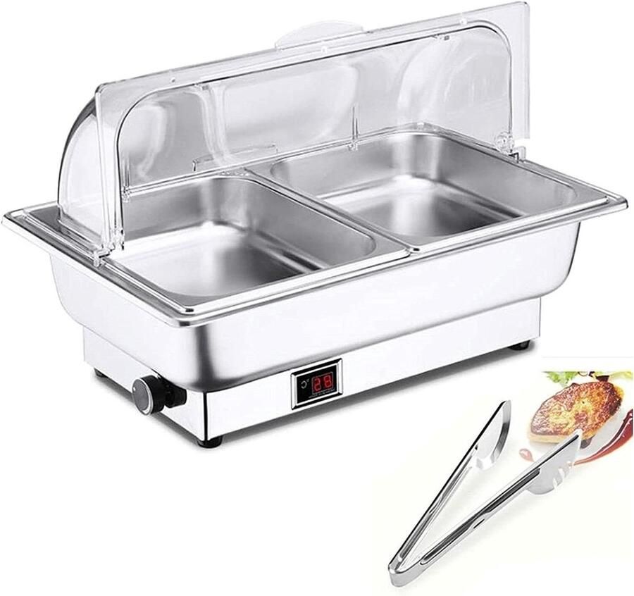 Voedselwarmer Buffet Warmhoudbak Set Eten Warm Houden Instelbare Temperatuur 9L Capaciteit Zilverkleurig