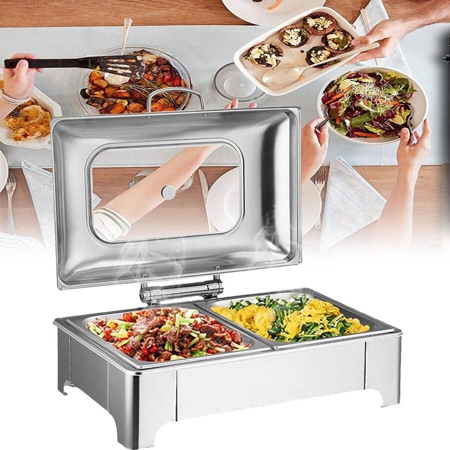 Voedselwarmer Buffet Warmhoudschaal Elektrisch Eten Warm Houden Hydraulisch Dempend Deksel 13L Zilver