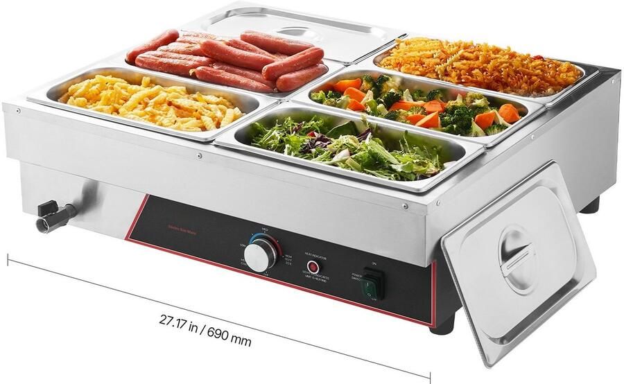 Voedselwarmer Buffetwarmer Bain-marie Set met 6x Gastronorm 1 3 Bakken Vermogen 1500 W Roestvrij Staal Horeca