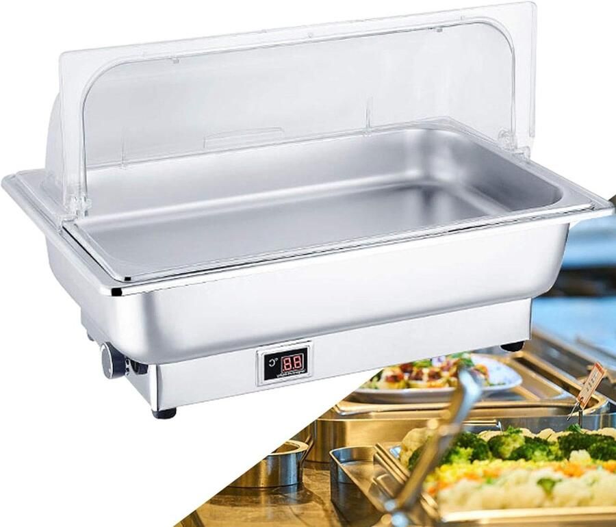Voedselwarmer Buffetwarmer Chafing Dish Eten Warm Houden Realtime Temperatuurweergave 9L Inhoud Zilverkleurig