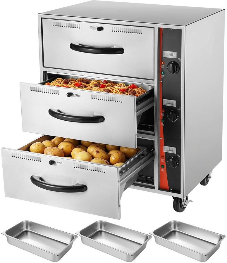 Voedselwarmer Commerciële Warmhoudlade met 3 Lades RVS Elektrisch Temperatuurbereik 30–85 °C Voor Horeca Restaurants Buffetten en Bakkerijen
