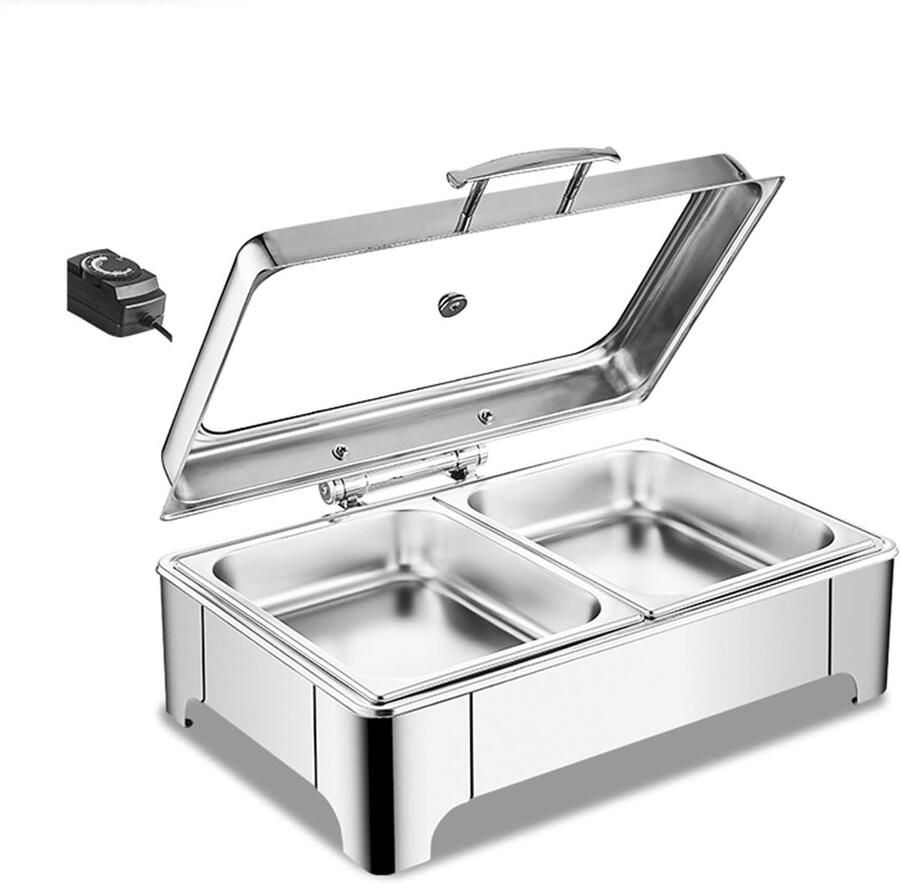 Voedselwarmer RVS Buffet Server Gerechten Warm Houden Met Glazen Deksel 8000 Gram Zilverkleurig
