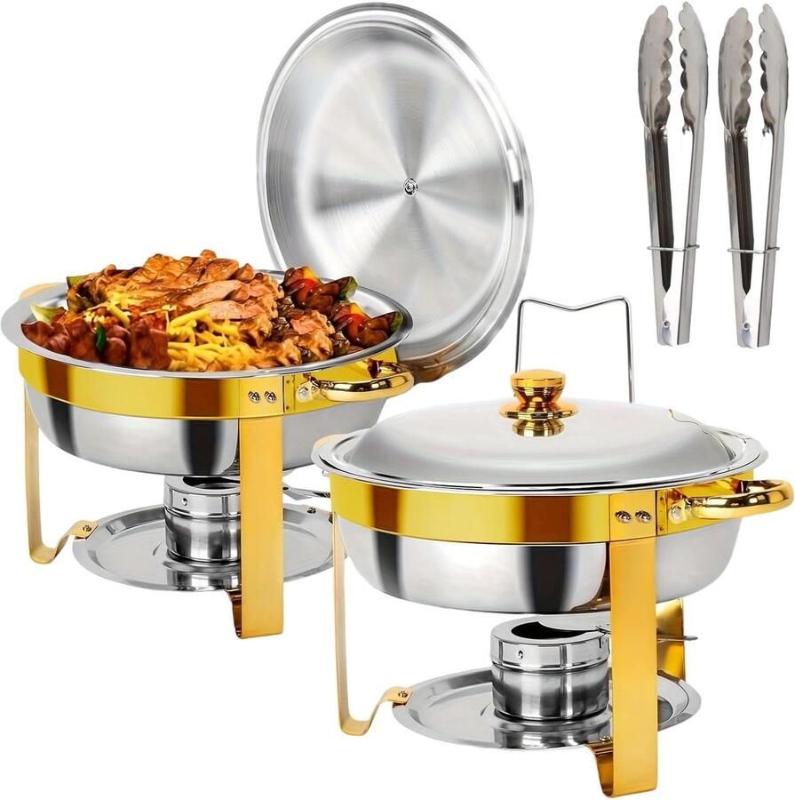 Voedselwarmer Set Buffet Serveer Feestelijke Bijeenkomsten Effectieve Temperatuurregeling 2x 4.5L Zilver Goud