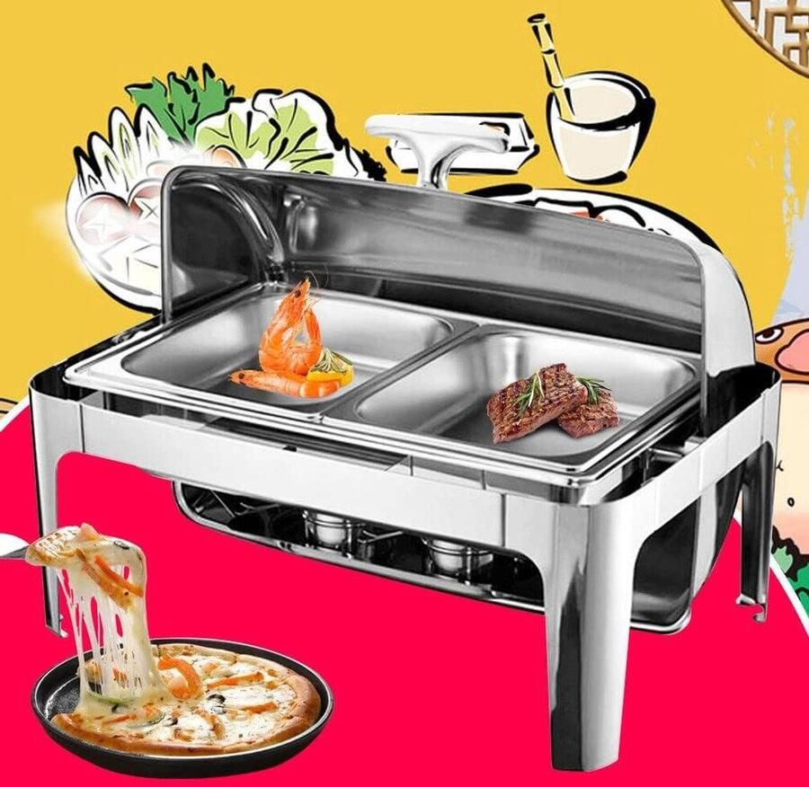 Voedselwarmer Set Buffet Warmhoudbak Eten Warm Houden Roll-Top Deksel 9 Liter Zilver